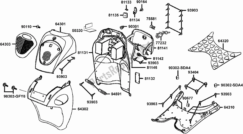 Toutes les pièces pour le F05 - Front Cover/ Floor Panel du Kymco BA 30 AA AU -People 150 30150 2005